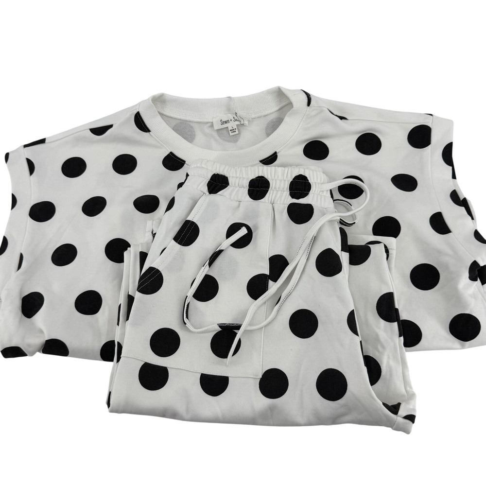 Sewn + Seen‎ Women White Black Polka Dot French Terry Top and Pants Set Large
